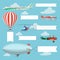 Flying planes, helicopter and airship pulling advertising banner