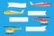 Flying planes and helicopters with banners. Set of advertising ribbons on blue background. Vector.