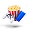 Flying popcorn, drink and video game joystick gamepad isolated on a white