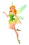 Flying and presenting fairy with wings in green. Vector illustration.