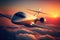 Flying on a private jet at sunset. Created with Generative AI technology