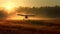 Flying propeller aircraft wing in backlit sunset sky, rural landscape adventure generated by AI