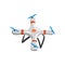 Flying quadrocopter. Cartoon icon of drone with four rotor blades. Unmanned aerial vehicle. Flat vector element for