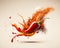 Flying red chili pepper with an explosion of spice powder on a light background. Spice background, splash.