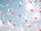 Flying red hearts on blue sky fluffy white clouds falling pink petals  background illustration template  copy space