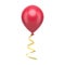 Flying red helium balloon with glossy curved golden ribbon realistic 3d icon vector illustration