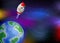 Flying Red White Rocket In Galaxy Space With Earth Planet Cartoon