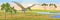Flying reptile pteranodon in the sky over the valley of the river. Prehistoric animals and plants. Vector landscape of the Mesozoi