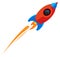 Flying rocket with flame trail. Shuttle launch in cartoon style