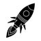 Flying rocket icon. Black spaceship is heading into space to Mars.