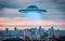 Flying saucer above the city. UFO flying