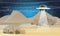 Flying saucer flying over the desert. Space trip. Sahara Desert. The arrival of aliens on Earth