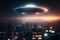 Flying saucer flying in the sky over night city. Invasion of extraterrestrial intelligence on an intergalactic ship
