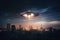 Flying saucer flying in the sky over night city. UFO invasion. Alien abduction. Created with Generative AI