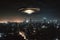 Flying saucer flying in the sky over night city. UFO invasion. Alien abduction. Created with Generative AI