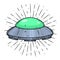 Flying saucer. Hand drawn vector illustration with a UFO and divergent rays.