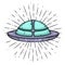 Flying saucer. Hand drawn vector illustration with a UFO and divergent rays.