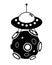 Flying saucer landed on an asteroid - vector silhouette illustration for logo or sign. Spaceship on a planetoid with cratters. UFO