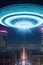 Flying saucer over cityscape, alien craft in the night sky, epic sci-fi atmosphere