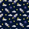 Flying saucer, rocket, stars, moon behind a cloud, planet. Realistic children's pattern for fabric, pajamas, bed