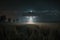 A flying saucer shines over the field at night. AI generative