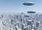 Flying saucers over futuristic megapolis