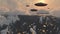 Flying saucers over the futuristic megapolis