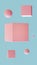 Flying shapes of pink color on a blue background. 3D rendering. Blank for design. Layout. Place for logo or text. Abstraction.
