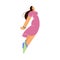 Flying smiling woman in pink dress and green socks flat style