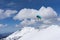 Flying snowboarder on mountains, extreme sport