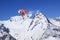 Flying snowboarder on mountains, extreme sport