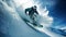 Flying snowboarder on mountains. Extreme winter sport. 3D Rendering, Extreme snowboarding on the snow, no visible faces, AI