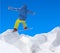 Flying snowboarder on mountains, vector