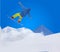 Flying snowboarder on mountains, vector