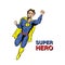 Flying superhero illustration in super costume with cloak.