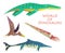 Flying and swimming dinosaurs and prehistoric reptile or lizard. Plesiosaurs or liopleurodon, pterodactyloidea or