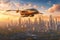 flying taxi soaring above a metropolitan skyline