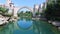 Flying towards famous bridge in Mostar, Bosnia and Herzegovina