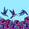 Flying tropical stylized hummingbirds with flowers