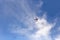 Flying turboprop plane on a background of blue sky