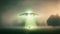 flying UFO saucer spacecraft over wild field at foggy night with human silhouette in beam of light underneath, neural