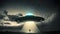 flying UFO saucer spacecraft over wild field at foggy night with human silhouette in beams of light underneath, neural