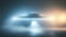 flying UFO saucer type spacecraft over water surface at foggy night with beams of blue light underneath, neural network