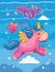 Flying unicorn with balloon. Cute little pony with rainbow. Wonderland. Fabulous animal. Children`s cartoon illustration. Postcard