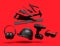 Flying view of monochrome construction tools for repair on red background