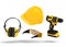 Flying view of yelllow construction tools for repair on white background