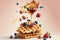 Flying waffles and butter getting dripped with maple syrup and berries over a pastel backgroun. AI generation