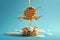 Flying waffles and butter getting dripped with maple syrup over a light blue background. AI generated