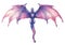 Flying watercolor dragon with open wings in purple colors.