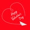 Flying white paper plane. Dashed heart in the sky. Happy Valentines Day Greeting card. Flat design. Red background. .